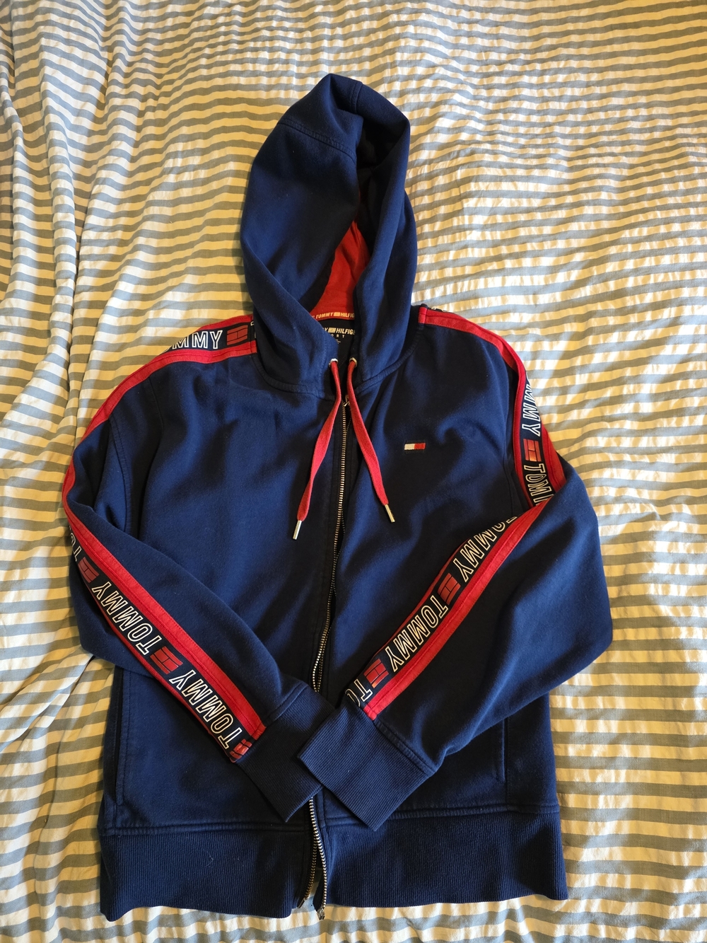 Tommy Hilfiger Navy Hoodie with Red Accent Tape Boys Size L